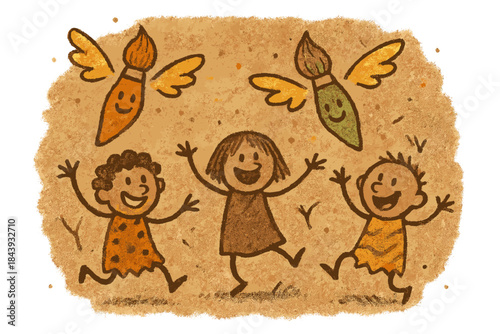 Prehistoric Art Celebration. Friendly doodle prehistoric mural creation with cheerful human figures, cartoon pigments flying,