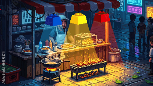 Pixel art illustration of a street food stall at night with a vendor cooking on a grill and wok under the warm glow of colorful lamps and atmospheric neon signs