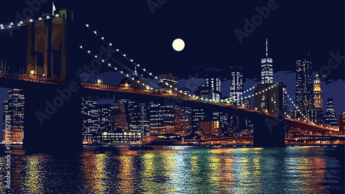 Pixel art illustration of a suspension bridge and glowing city skyline at night under a full moon, featuring retro 8-bit graphics and colorful light reflections on the water
