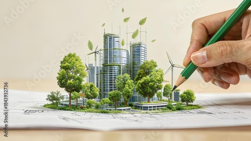 The hand drawing a sustainable urban development with green trees and wind turbines, eco city planning concept, renewable energy infrastructure, green building architecture