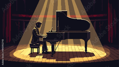 Pixel art illustration of a man playing a grand piano on a dark stage, dramatically illuminated by a single spotlight in a retro 8-bit video game style
