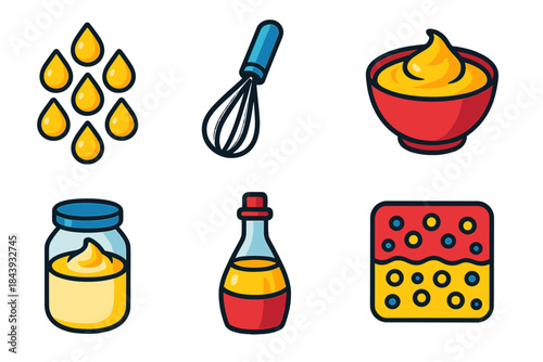 Emulsion Tools & Techniques. Isometric vector illustration set Emulsion Theory: oil droplets, whisk tool, mixing bowl, mayonnaise