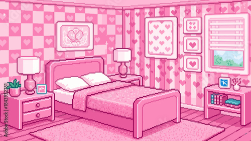 Cute pink pixel art bedroom interior with heart-patterned wallpaper, a cozy bed, and nightstands in a romantic, sweet, and dreamy 8-bit video game aesthetic