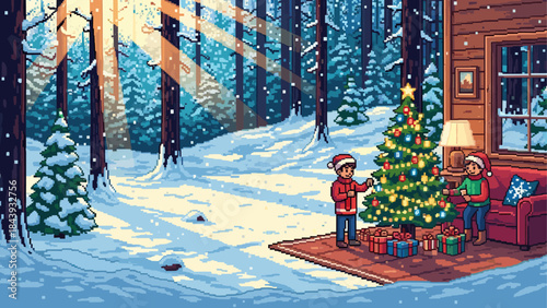 Pixel art illustration of two people decorating a Christmas tree in a cozy cabin next to a snowy winter forest with sunbeams shining through the trees