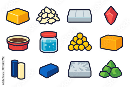 Colorful Wax Icons. Flat vector icons of Candle Wax Types: beeswax block, soy wax flakes, paraffin slab, palm wax crystal, coconut