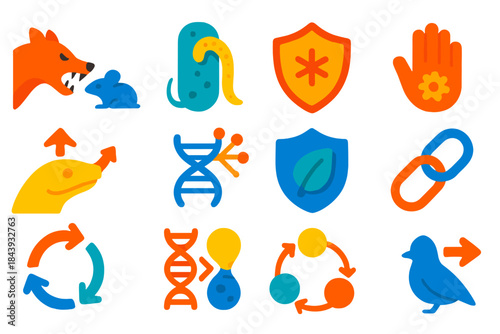 Evolutionary Process Icons. Flat vector icons of host-parasite co-evolution: predator-prey pair, parasite attachment, host immune