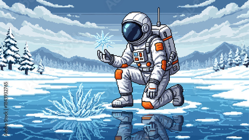 Pixel art astronaut in a white spacesuit kneels on a frozen lake, holding a glowing ice crystal in a serene winter landscape with snowy mountains and trees