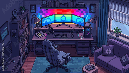 Detailed pixel art gaming room interior featuring a triple monitor computer setup with colorful neon LED lights, a professional chair, and cozy furniture for streaming