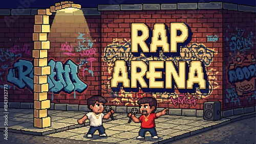 Two pixelated rappers competing in a street battle at night, holding microphones under a lamppost in front of a brick wall with 'Rap Arena' graffiti art