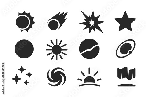 Celestial Event Icons. Solid style icons of Celestial Events: Eclipse, Comet, Supernova, Shooting Star, Lunar Phase, Solar Flare,