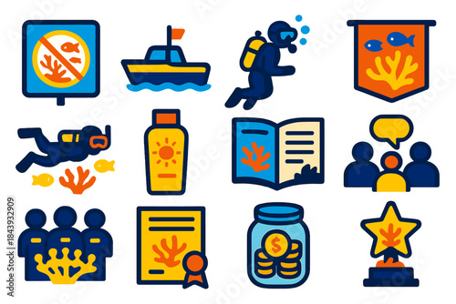 Coral Conservation Icons. Flat vector icons of coral reef conservation: marine protected area sign, reef patrol boat, conservation