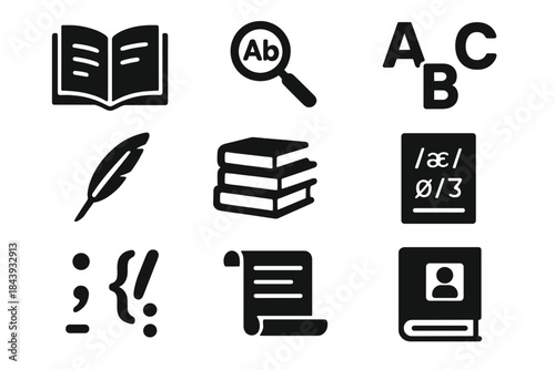 Lexicography Icon Set. Solid style icons of lexicography: open dictionary, magnifying glass on word, alphabet letters, phonetic