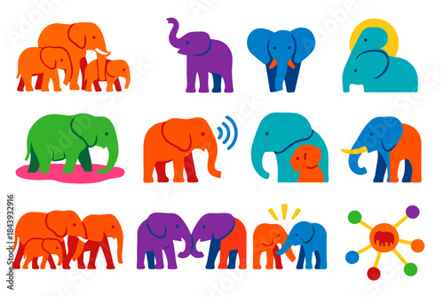 Elephant Network Icons. Flat vector icons of elephant communication networks: elephant herd, trunk gesture, ear flap signal, mud