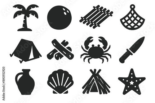 Island Survival Icons. Solid style icons of Island Survival: Palm Tree, Coconut, Raft, Fishing Net, Tent, Firewood, Crab, Knife,