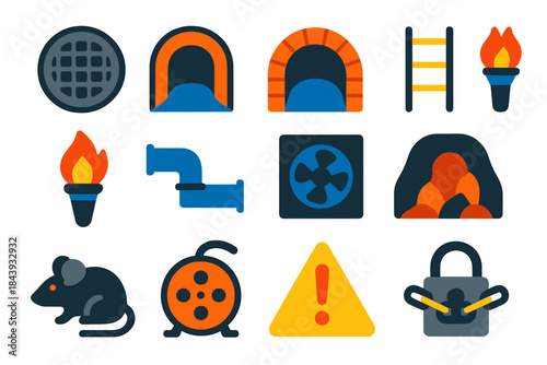 Hidden Tunnel Icons. Flat vector icons of Hidden Tunnels: manhole cover, underground passage, brick arch, ladder, torch, water