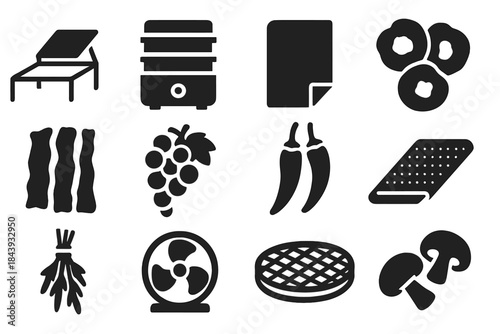 Drying Techniques Icons. Solid style icons of drying techniques: solar drying rack, dehydrator machine, parchment sheet, dried