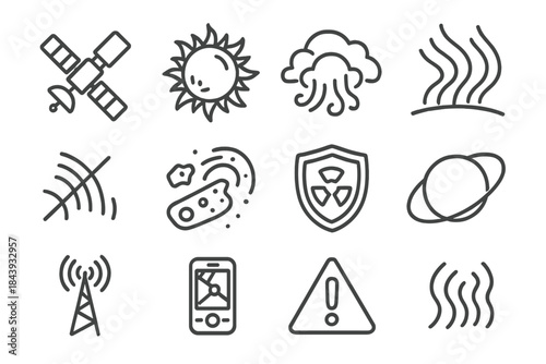 Satellite Hazards Icons. Line style icons of Satellite Hazards: Satellite, Solar Flare, Magnetic Storm, Aurora Lights; Signal