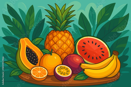 Exotic Fruit Platter. Vibrant tropical fruits arranged on a wooden platter, bright natural colors, soft natural lighting, vector
