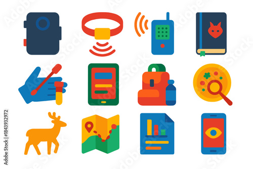 Wildlife Surveillance Icons. Flat vector icons of wildlife disease surveillance: camera trap, GPS collar, acoustic sensor, sample
