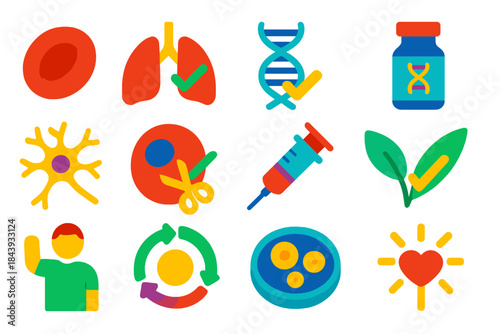 Genetic Healing Icons. Flat vector icons of curing genetic diseases: healthy blood cell, repaired lung, corrected DNA, gene