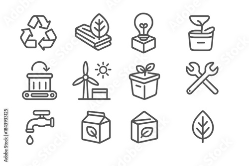 Eco Engineering Icons. Line style icons of Eco Engineering: Recycle Arrows, Sustainable Material, Waste Reduction, Product