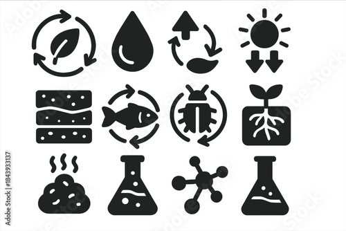 Ecosystem Energy Icons. Solid style icons of nutrient flux and energy flow: arrows, leaf, water droplet, sun, soil layers, fish,