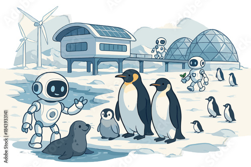 Eco-Friendly Antarctic Future. Future Antarctic vision with eco-friendly bases, friendly robots assisting, and happy wildlife