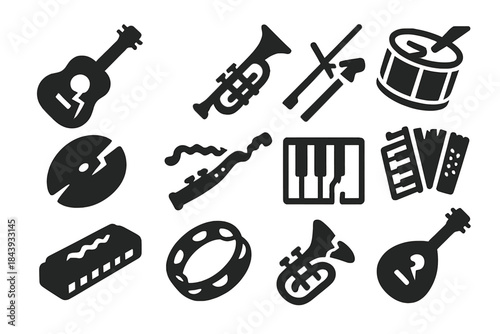 Broken Musical Instruments. Solid style icons of Broken instruments: cracked guitar, dented trumpet, snapped bow, fractured drum,