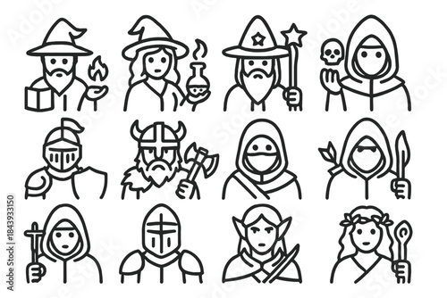 Magical Character Icons. Line style icons of magical characters: warlock, sorceress, wizard, necromancer; knight, barbarian, thief