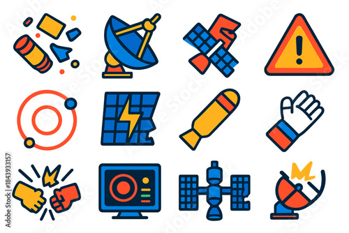 Space Debris Icons. Flat vector icons of Space Junk: floating debris, tracking radar dish, satellite fragment, hazard triangle,