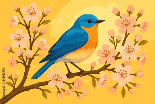 Bluebird on Cherry Blossom. Playful bluebird perched on a blooming cherry blossom branch vector illustration illuminated by golden