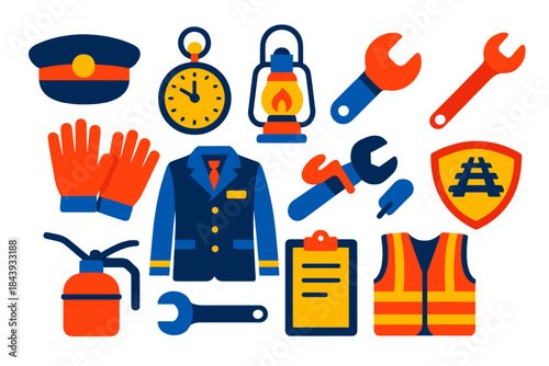 Railway Worker Icons. Flat vector icons of Railway Workers: conductor hat, pocket watch, lantern, whistle, gloves, uniform jacket,