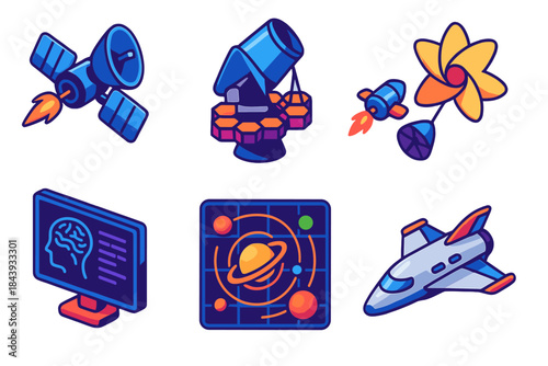 Futuristic Space Exploration Icons. Isometric vector illustration set Future Exoplanet Exploration: interstellar probe, next-gen