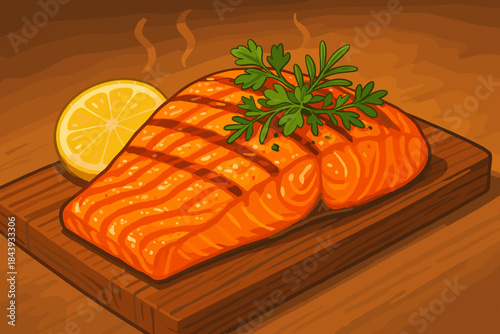 Grilled Salmon Delight. Freshly grilled salmon fillet resting on a wooden plank, garnished with lemon and herbs, vibrant colors