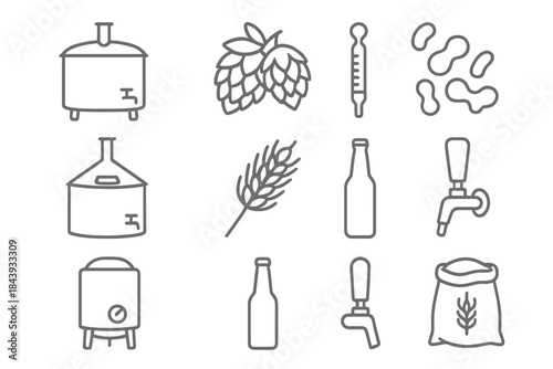 Beer Production Icons. Line style icons of Beer Production: Mash Tun, Hops Cones, Yeast Strain, Fermentation Lock; Brewing Kettle,