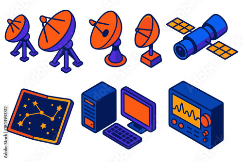 Space Tools Illustration. Isometric vector illustration set Space Observation Tools: radio telescope array, satellite dish,