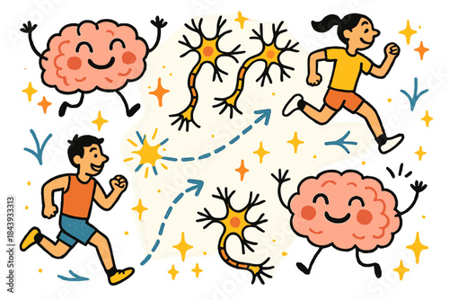Joyful Mental Endurance. Joyful doodle mental endurance visualization with happy brain icons, cartoon neurons firing, smiling