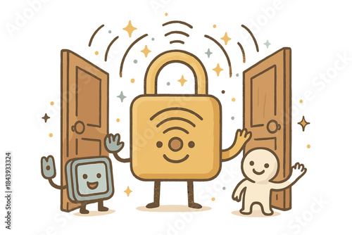 Whimsical Access Portal. Magical doodle secure access point with happy scanners, cartoon doors opening gently, smiling characters
