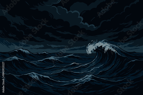 Stormy Ocean Drama. Dark stormy ocean waves with a brooding sky above, rich navy and charcoal tones, dramatic and powerful, ideal