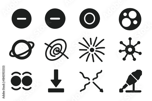 Particle Physics Icons. Solid style icons of Particle physics: electron, proton, neutron, quark symbol, collider ring, bubble