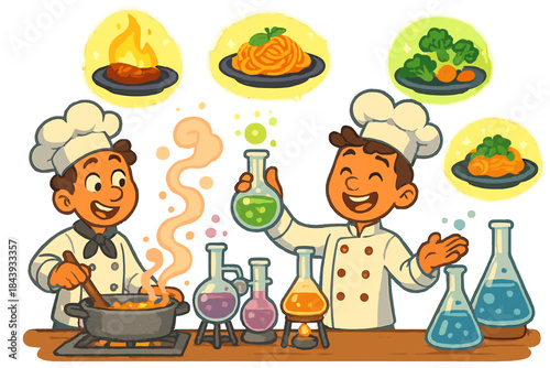 Whimsical Kitchen Chemistry. Playful kitchen lab with smiling chefs, bubbling flasks, and glowing dishes floating in the air No
