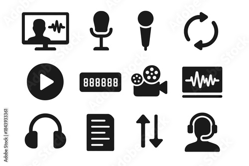 ADR Icon Montage. Solid style icons of ADR (automated dialogue replacement): studio screen with actor, sync waveform, dialogue mic