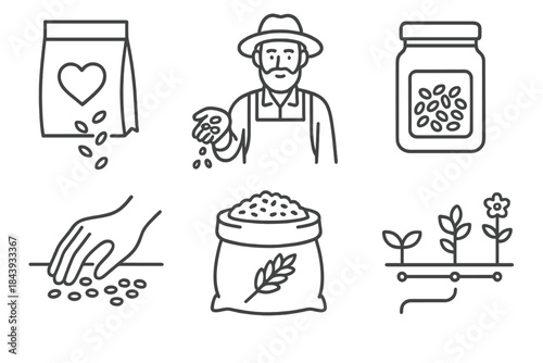 Heritage Seed Icons. Line style icons of Heritage Seed Saving: seed packet with heart icon, traditional farmer holding seeds,