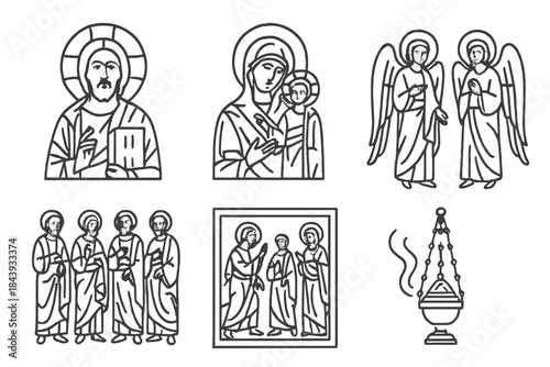 Religious Line Art Icons. Line style icons of Religious Themes in Art: Christ Pantocrator, Theotokos icon, angels with wings