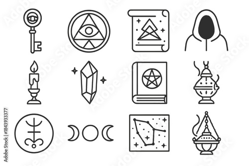 Mystical Icons Ensemble. Line style icons of Mystical Knowledge: Hidden Key, Esoteric Emblem, Arcane Drawing, Initiate Symbol;