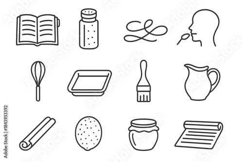 Memory Kitchen Icons. Line style icons of Memory Kitchen: Old Notebook, Peculiar Spice, Cursive Script, Taste Memory; Whisk,