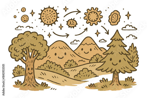 Joyful Paleoecology Doodle. Playful doodle paleoecology scene with happy trees, cartoon fossil pollen floating, cheerful
