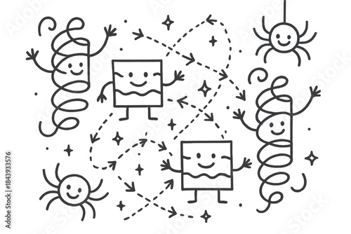 Happy Molecular Doodles. Playful doodle molecular structure illustration with happy silk proteins, cartoon helices and sheets