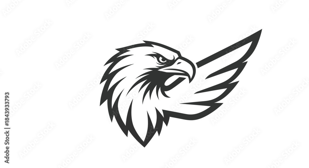 Obraz premium Eagle head illustration black and white vector art with wing detail