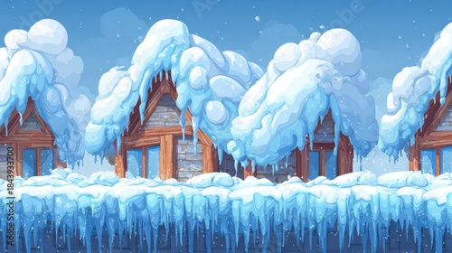 Winter Season Brings Cartoon Snow Caps and Icicles on Rooftops for Cozy Holiday Decorations and Festive Game Assets